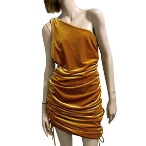 House of Harlow 1960 Velvet Dress Gold One Shoulder Ruched Party - Size M